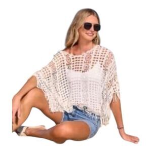 Boston Proper Effortless Crochet Pullover Poncho - Boho / Coverup Size S/M White